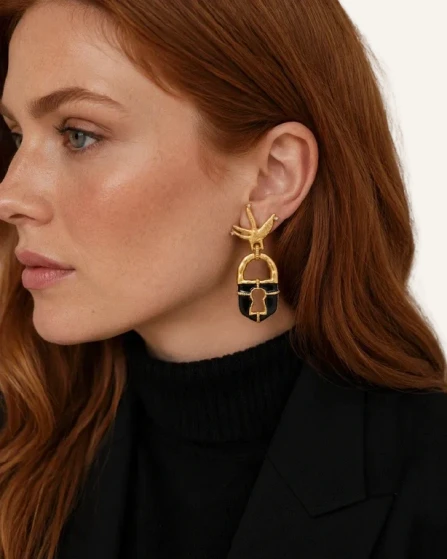 Vintage Swallow and Black Padlock Earrings - Image 7